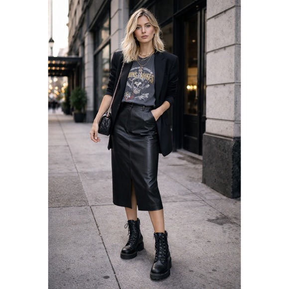 Tahari Faux Leather L Pencil Skirt Black Pull On Vegan Leather Edge Work Capsule